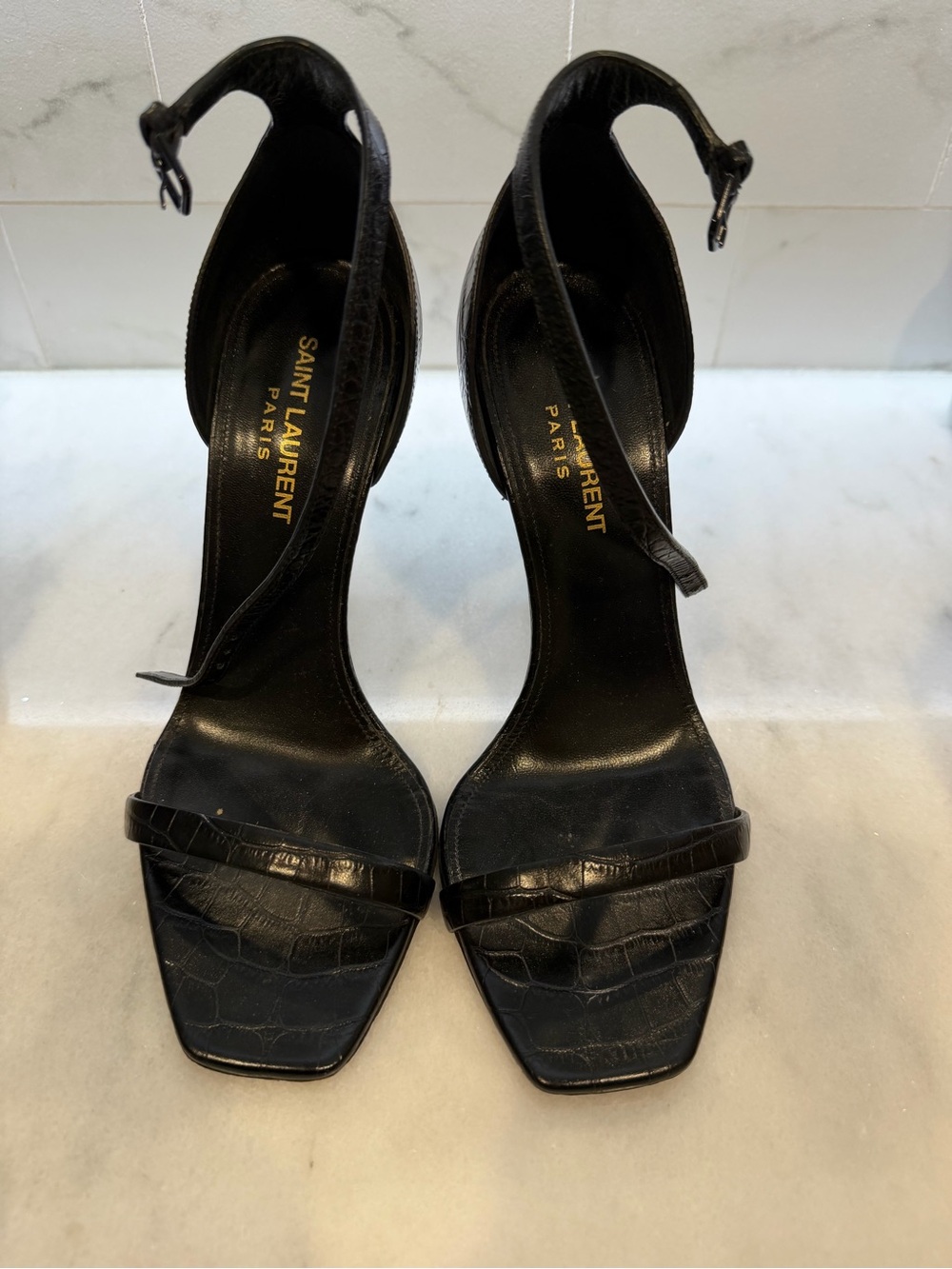 Saint Laurent Black Croc-Textured Leather Ankle-Strap Heels
